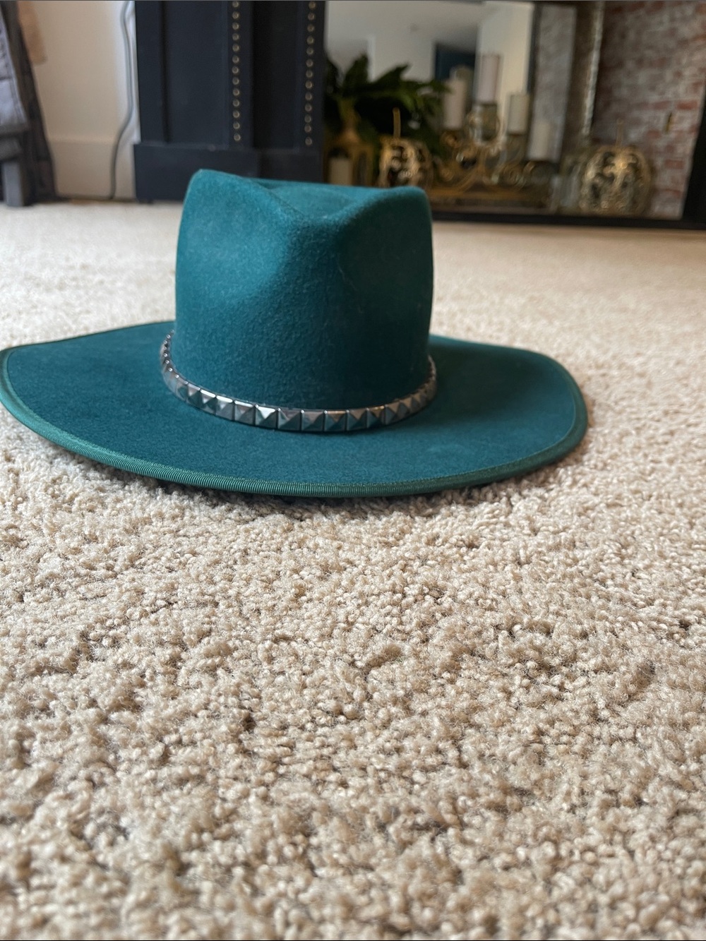 Olive and Pique Teal Wide-Brim Wool Fedora with Studded Band